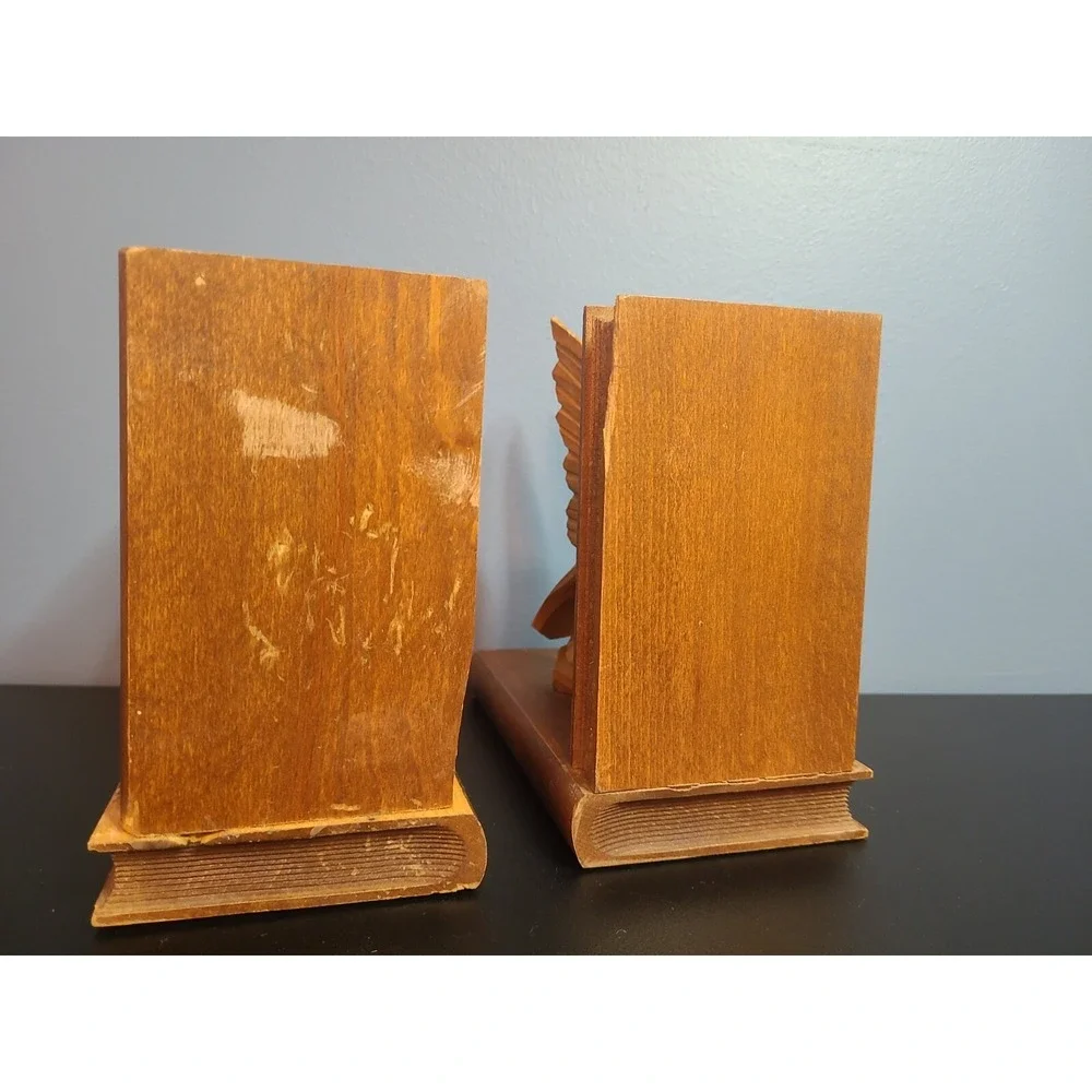 Pair of Bird of Prey American Eagle Hand Carved Wood Vintage Bookends